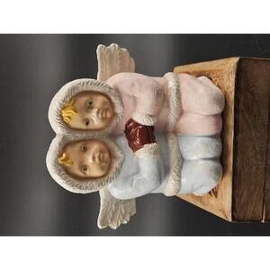 Kitsch Vintage Boy Girl Hugging Angel Figurine Pastel Winter Cherub Decor 1960s